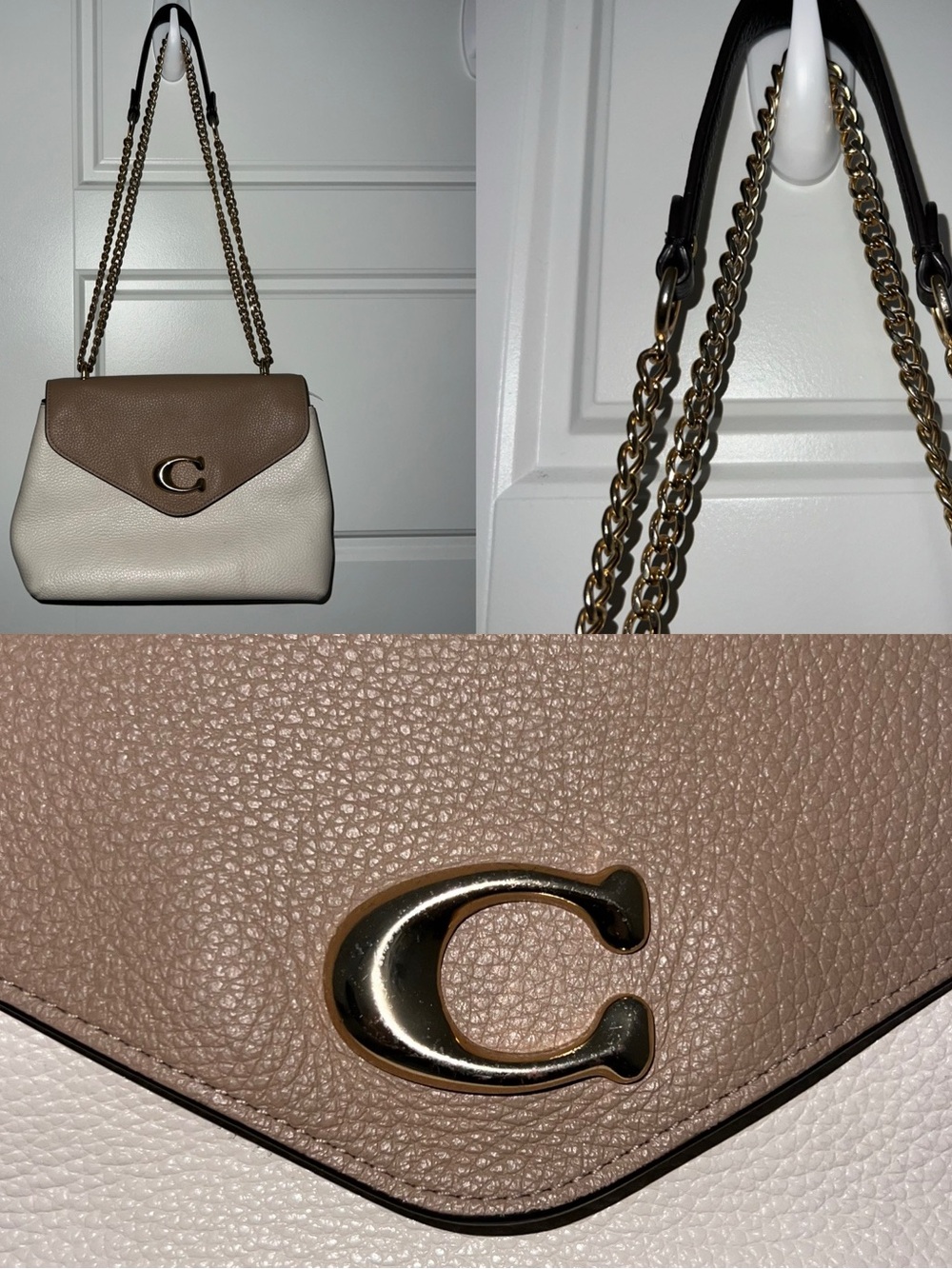 COACH Two-Tone Pebbled Leather Shoulder Bag in Chalk/Khaki